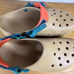 CROCS unisex Tan Sandals with Blue and Orange Straps